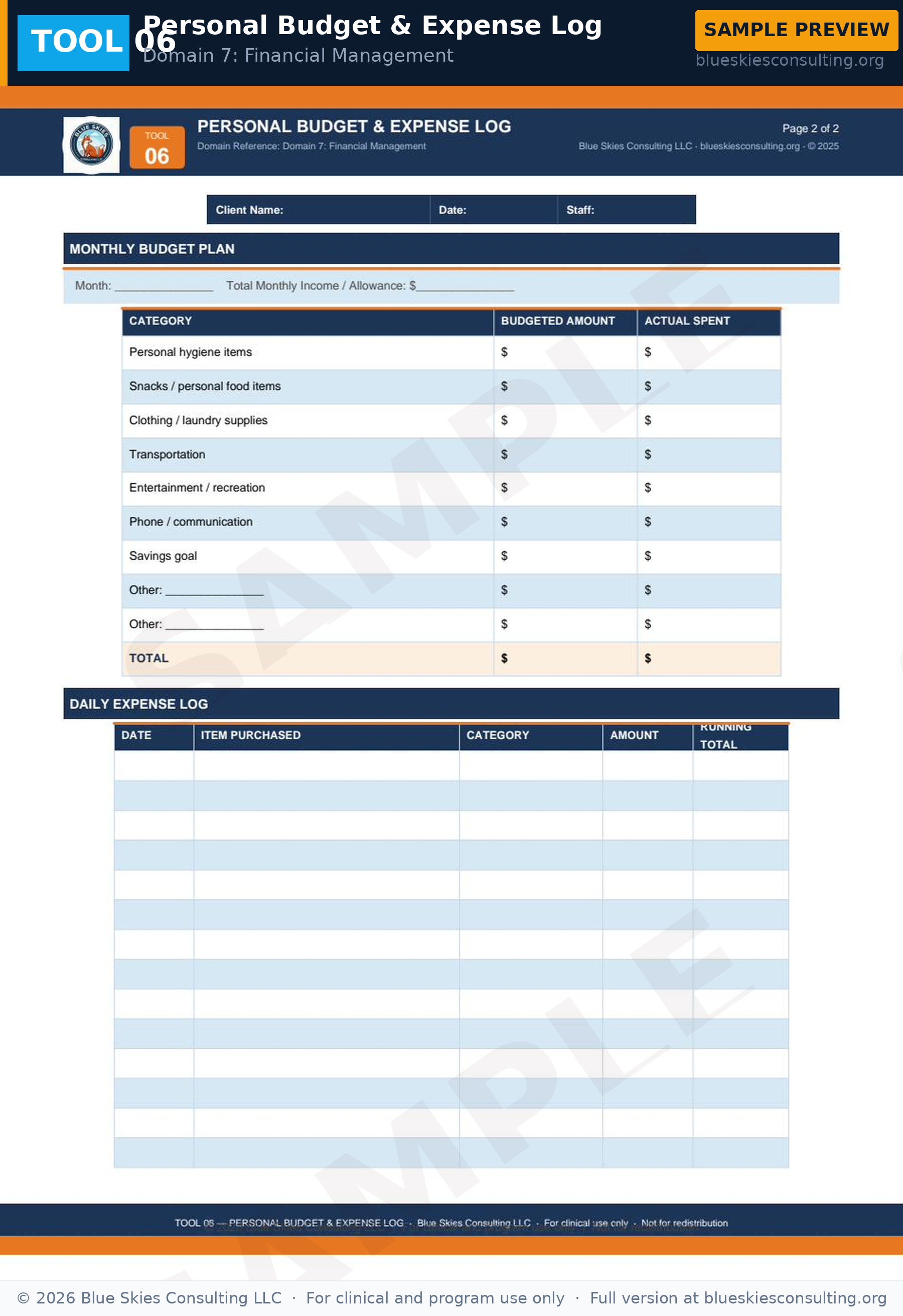 TOOL 06 Personal Budget & Expense Log 